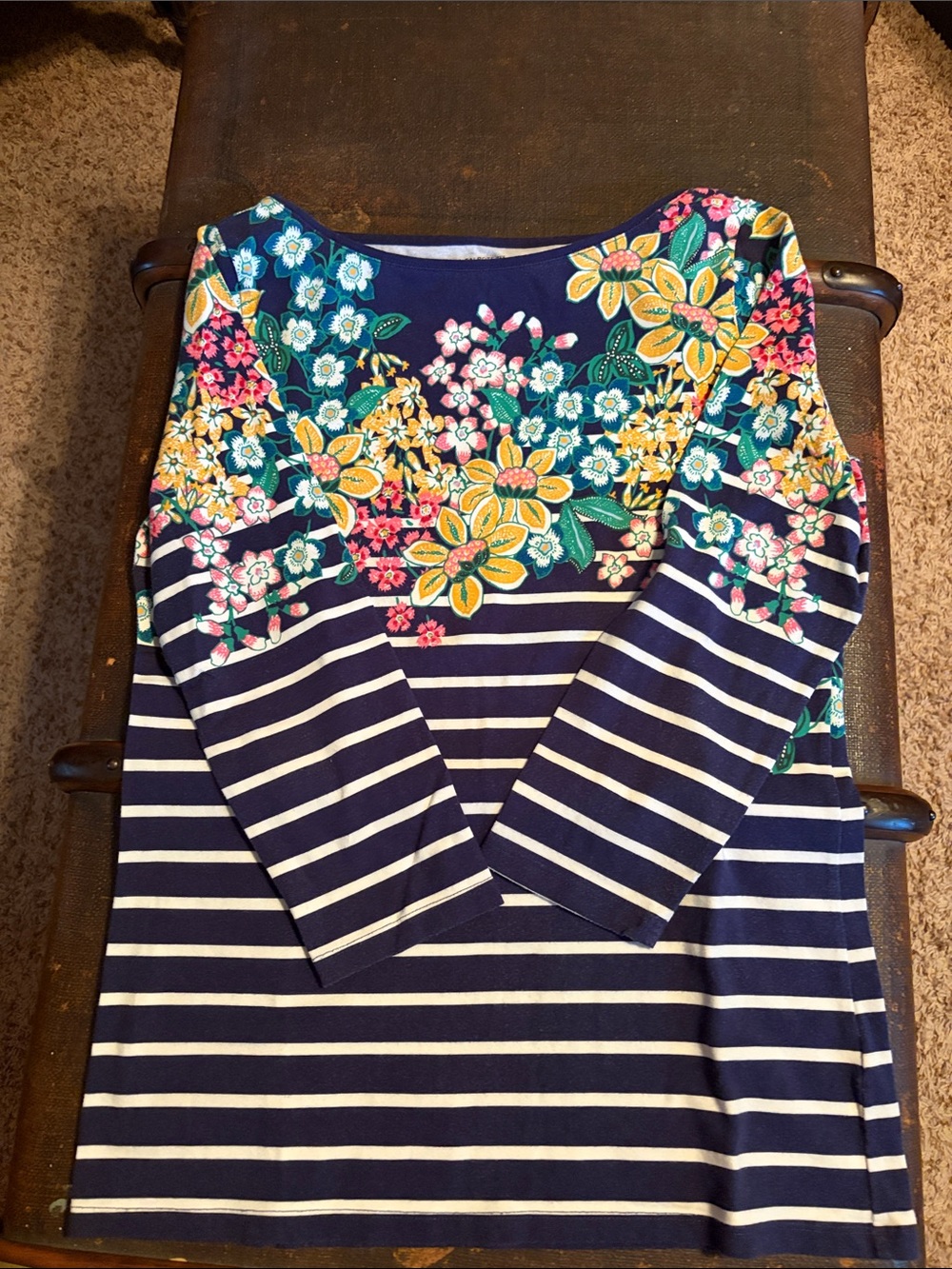 Talbots Navy & White Striped boat neck 3/4 Sleeve Tee with Floral Yoke